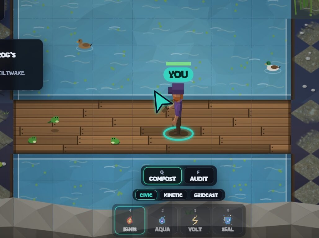 A player on a wooden boardwalk over a pond with ducks and frogs, above the Compost and Audit actions and the Ignis, Aqua, Volt and Seal ability bar
