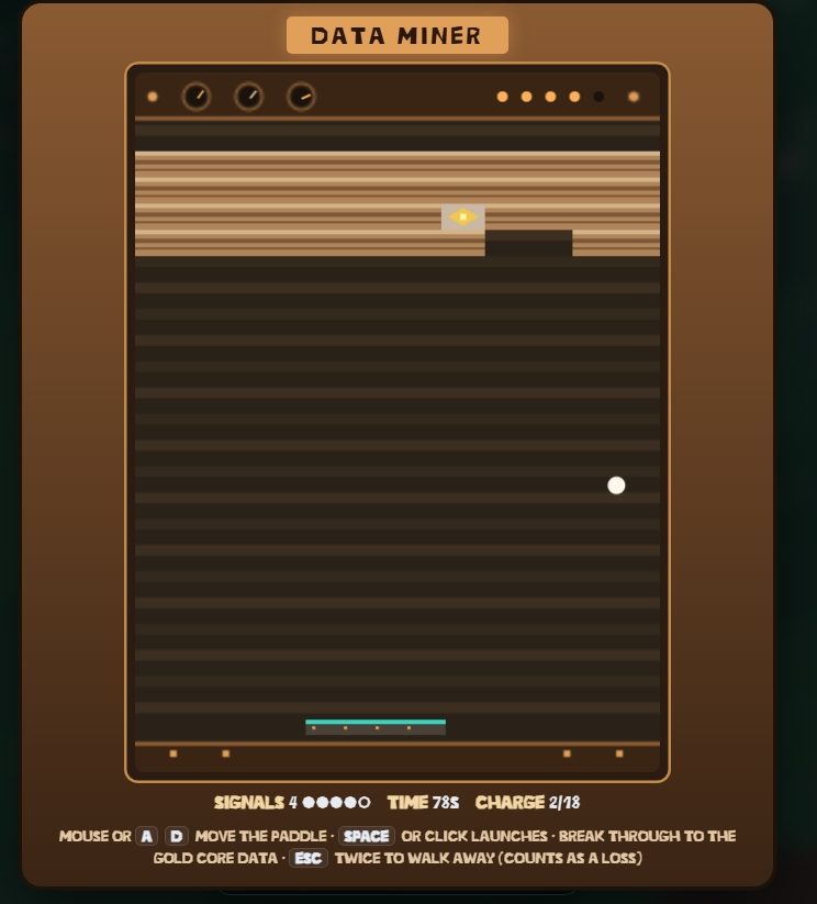 Data Miner minigame, a brick-breaker cabinet: layered rock bands at the top with a glowing gold core, a ball and a paddle, a readout of Signals 4, Time 78 s and Charge 2 of 18, and instructions to break through to the gold core data