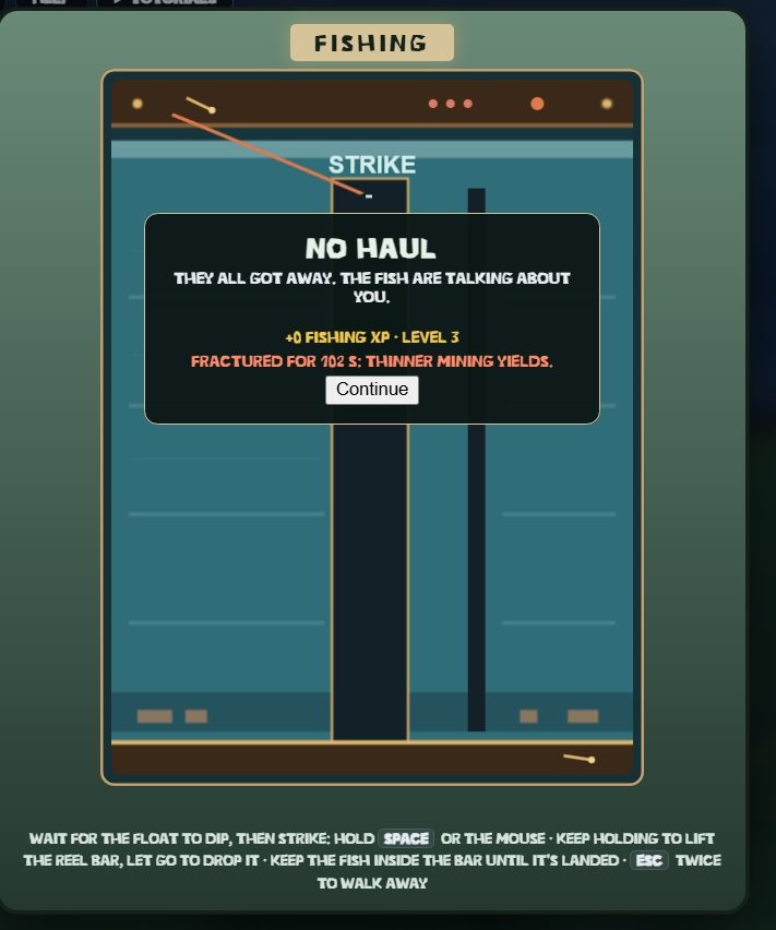 Fishing minigame after a miss: a result card reads No Haul, They all got away, The fish are talking about you, plus 0 Fishing XP at level 3 and Fractured for 102 s, thinner mining yields, above instructions to wait for the float to dip and strike