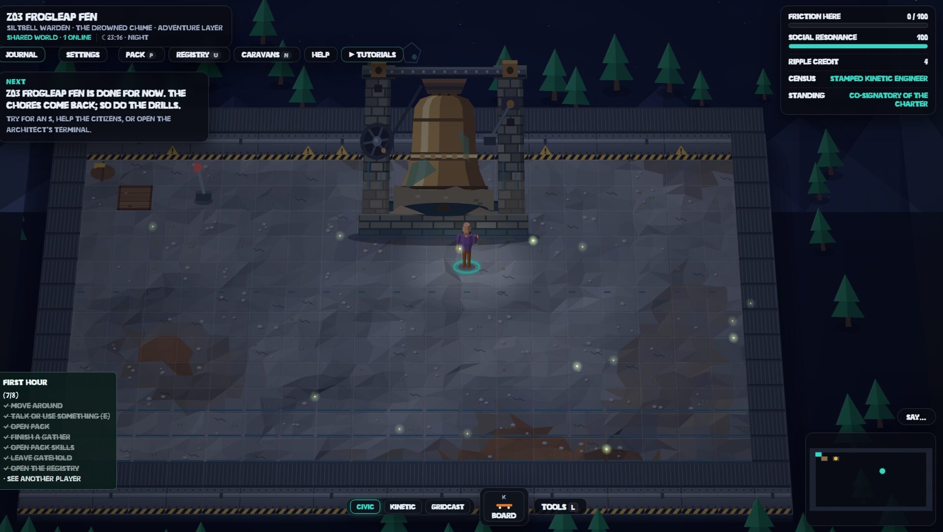Z03 Frogleap Fen, Siltbell Warden, The Drowned Chime: a player under a huge bronze bell hung between two stone towers, on a grey tile board ringed by pine trees at night