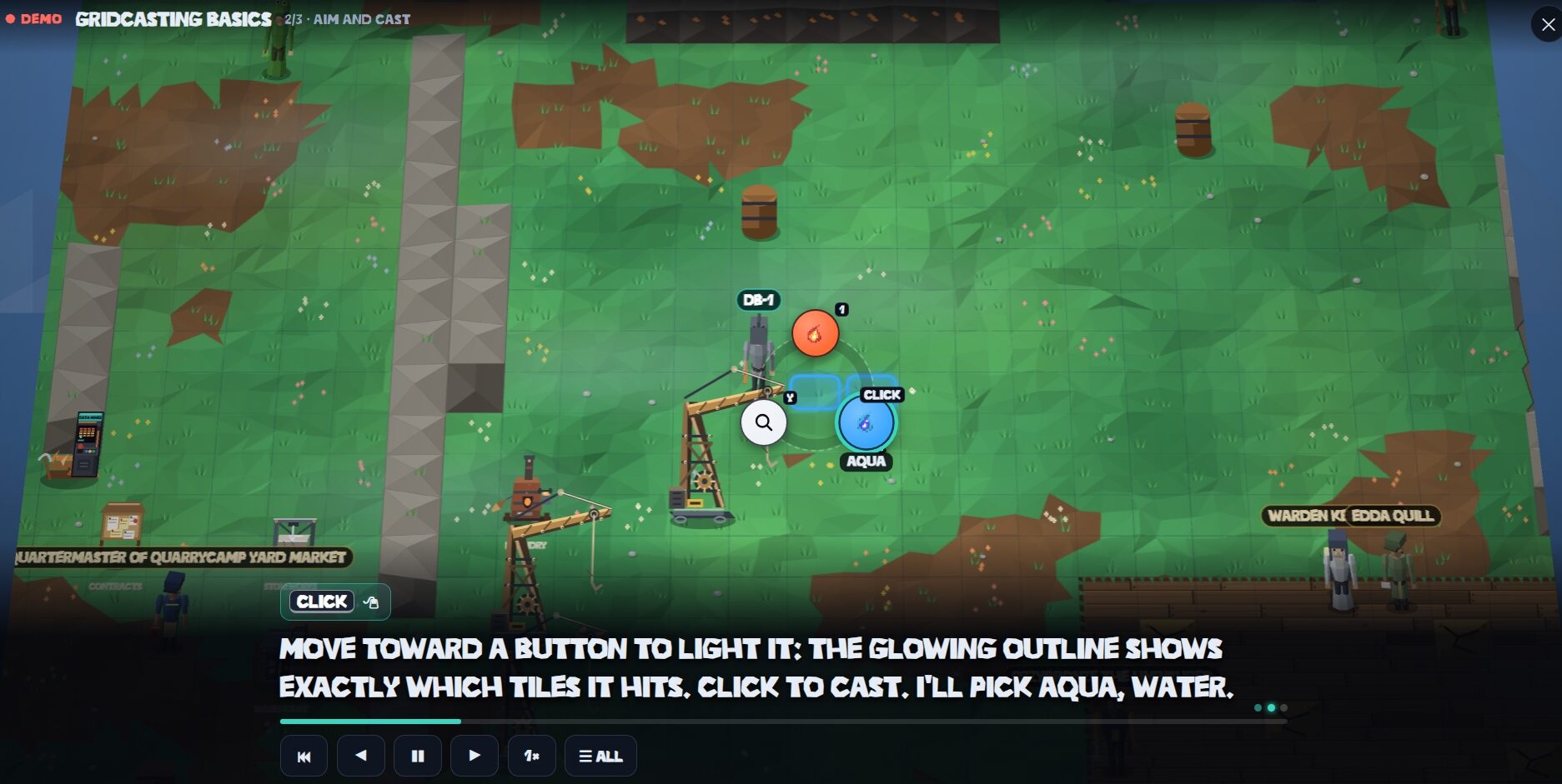 Gridcasting Basics tutorial, step 2 of 3, Aim and Cast: a player on a green tile board with an Ignis button and a highlighted Aqua button, a glowing outline on the two tiles the cast will hit, and the caption Move toward a button to light it: the glowing outline shows exactly which tiles it hits. Click to cast.