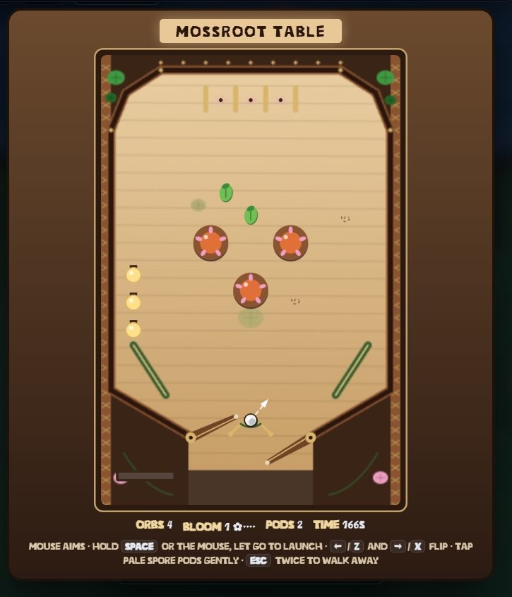 Mossroot Table, the Orbalism pinball minigame: a wooden table with three orange spore bumpers, green leaves, flippers and a ball, a readout of Orbs 4, Bloom 1, Pods 2 and Time 166 s, and instructions to tap pale spore pods gently
