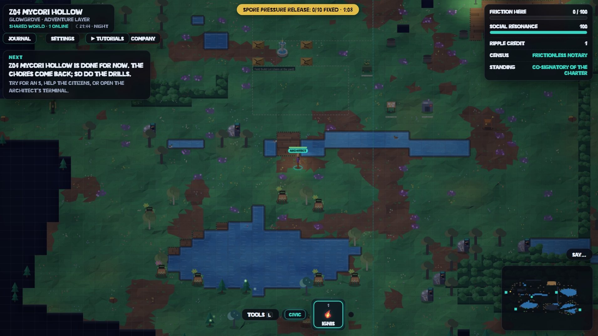Z04 Mycori Hollow, Glowgrove, Adventure Layer, at night: a green forest of tiles with ponds and purple spore patches, a player tagged Architect, a banner reading Spore Pressure Release: 0/10 fixed, and a panel showing Friction Here, Social Resonance, Ripple Credit, Census Frictionless Notary and Standing Co-signatory of the Charter