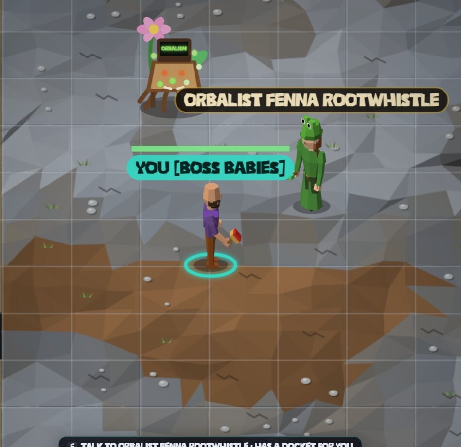 A low-poly player next to Orbalist Fenna Rootwhistle, who wears a green frog hood, beside an Orbalism station