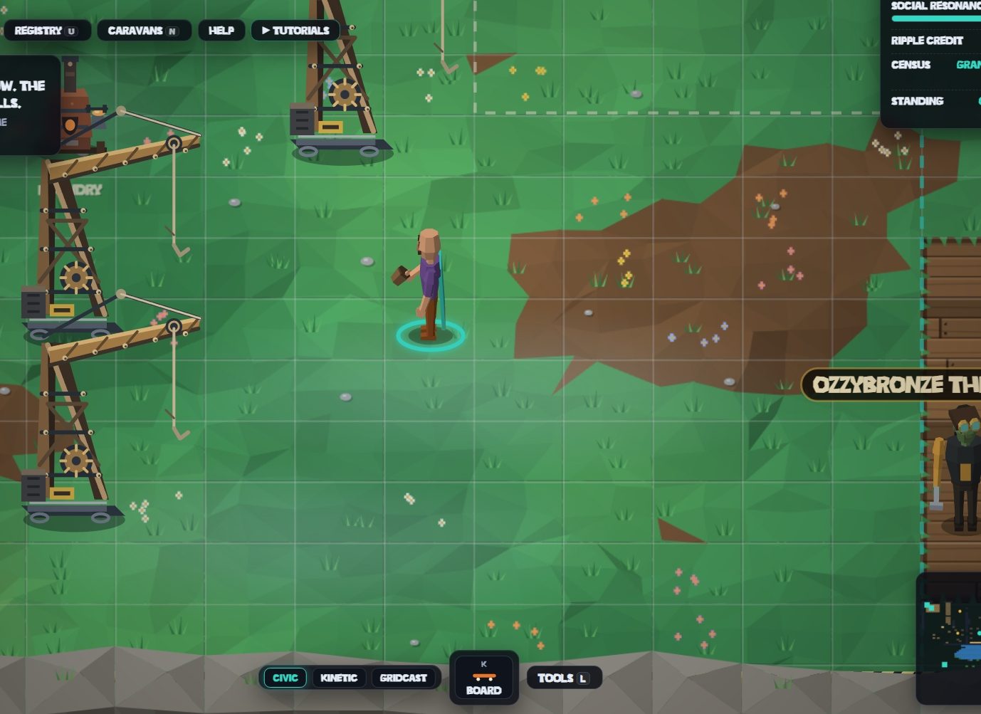 A player holding a hammer stands on open grass between wooden cranes in Quarrycamp, with the nameplate of Ozzybronze the Unburied at the right edge