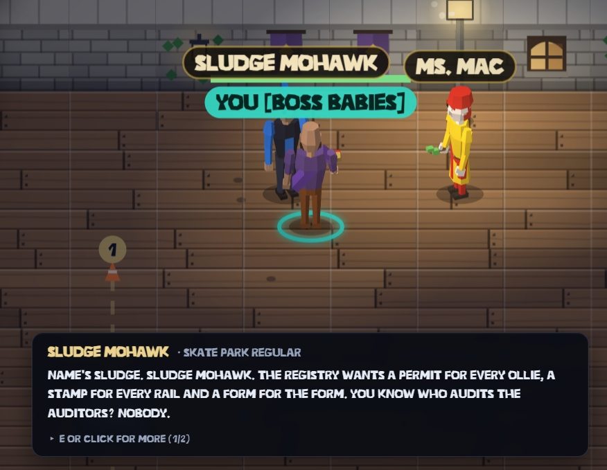 Sludge Mohawk, a skate park regular, complaining in a dialogue box that the Registry wants a permit for every ollie and asking who audits the auditors