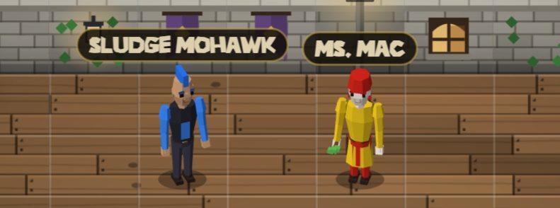 Sludge Mohawk in a blue mohawk and jacket beside Ms. Mac in a yellow outfit and red hood, in front of a brick wall
