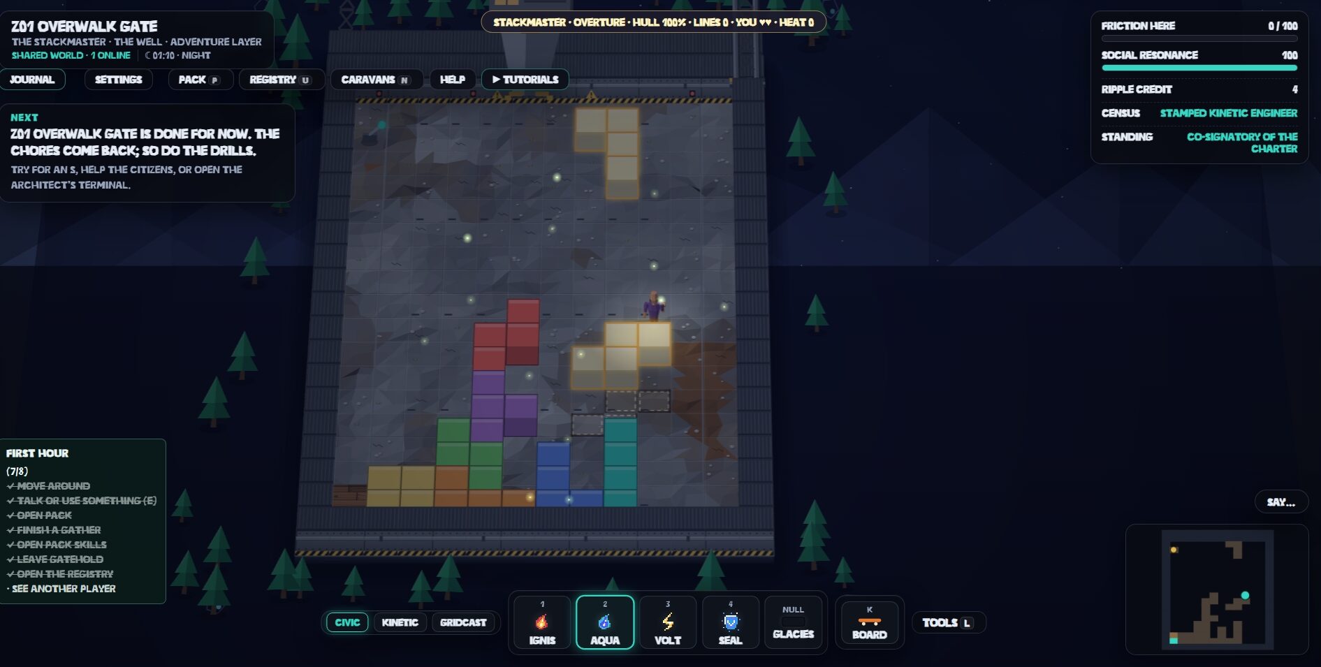 Z01 Overwalk Gate, The Stackmaster: falling block pieces stacked on a stone tile board at night, a player standing beside them, and a status bar reading Stackmaster, Overture, Hull 100%, Lines 0, Heat 0